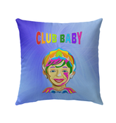 Snow White’s Cottage Outdoor Pillow on a patio chair.